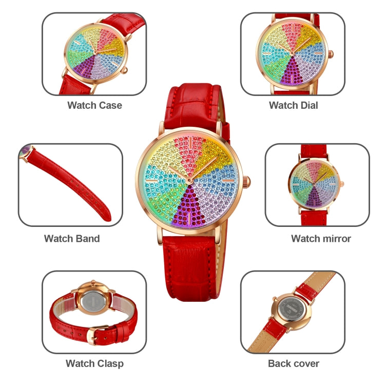SKMEI 1811 Eight Color Diamond Round Dial Quartz Watch for Ladies(Red Leather Belt) - free shipping - PMC TechLife - Order now!
