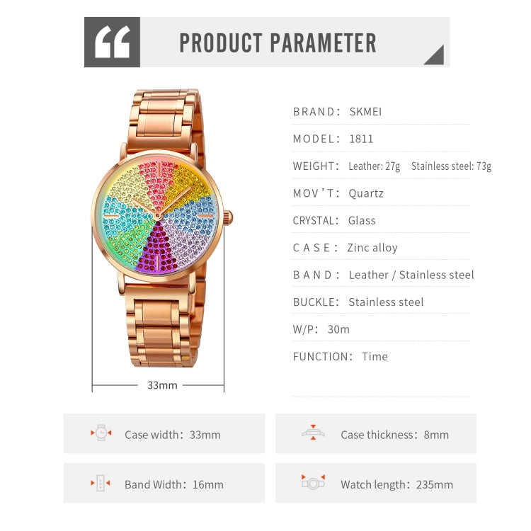 SKMEI 1811 Eight Color Diamond Round Dial Quartz Watch for Ladies(Red Leather Belt) - free shipping - PMC TechLife - Order now!