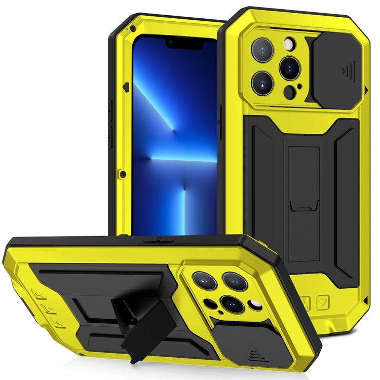 For iPhone 13 Pro R-JUST Sliding Camera Shockproof Life Waterproof Dust-proof Metal + Silicone Protective Case with Holder (Yellow) - iPhone 13 Pro Cases by R-JUST | Online Shopping South Africa | PMC TechLife | Buy Now Pay Later Mobicred