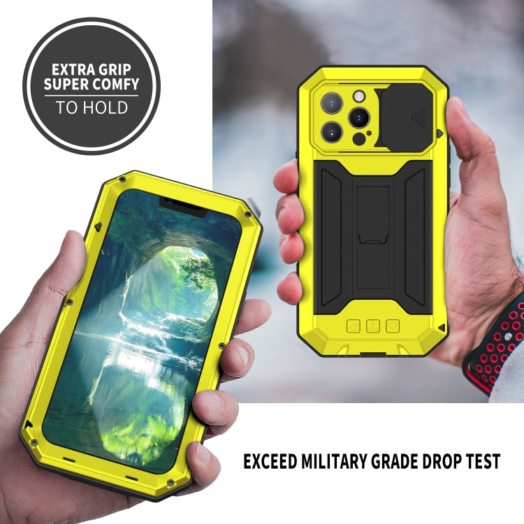 For iPhone 13 Pro R-JUST Sliding Camera Shockproof Life Waterproof Dust-proof Metal + Silicone Protective Case with Holder (Yellow) - iPhone 13 Pro Cases by R-JUST | Online Shopping South Africa | PMC TechLife | Buy Now Pay Later Mobicred