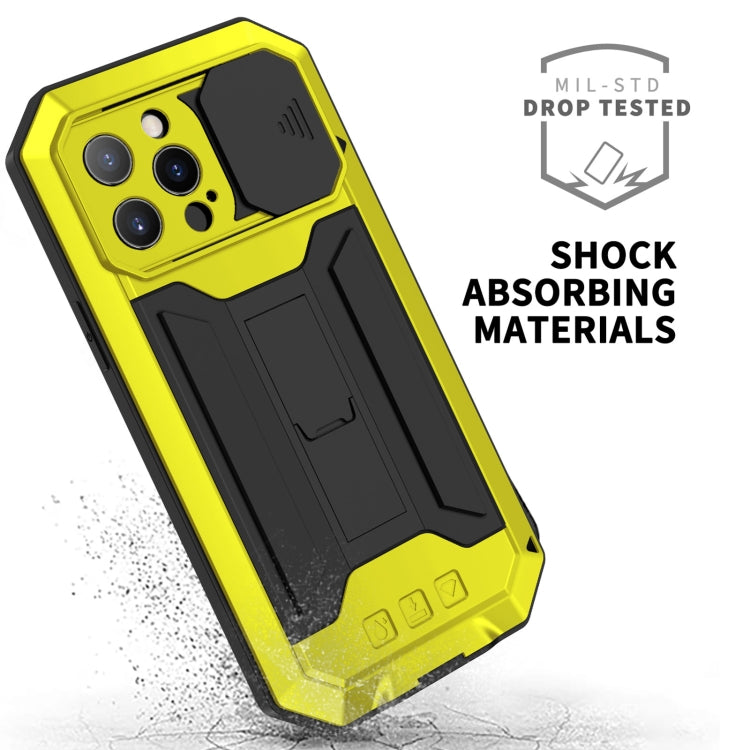 For iPhone 13 Pro R-JUST Sliding Camera Shockproof Life Waterproof Dust-proof Metal + Silicone Protective Case with Holder (Yellow) - iPhone 13 Pro Cases by R-JUST | Online Shopping South Africa | PMC TechLife | Buy Now Pay Later Mobicred