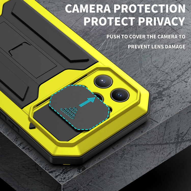For iPhone 13 Pro R-JUST Sliding Camera Shockproof Life Waterproof Dust-proof Metal + Silicone Protective Case with Holder (Yellow) - iPhone 13 Pro Cases by R-JUST | Online Shopping South Africa | PMC TechLife | Buy Now Pay Later Mobicred