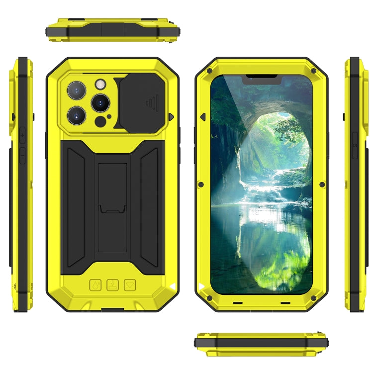 For iPhone 13 Pro Max R-JUST Sliding Camera Shockproof Life Waterproof Dust-proof Metal + Silicone Protective Case with Holder (Yellow) - free shipping - PMC TechLife - Order now!