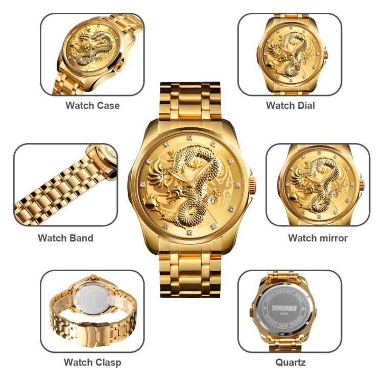 SKMEI 9193 Men Golden Dragon Pattern Calendar Dial Luminous Quartz Watch(Silver Black) - free shipping - PMC TechLife - Order now!