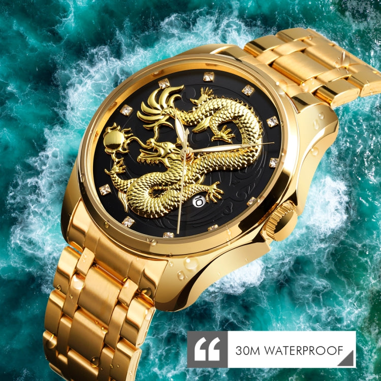 SKMEI 9193 Men Golden Dragon Pattern Calendar Dial Luminous Quartz Watch(Gold Black) - free shipping - PMC TechLife - Order now!