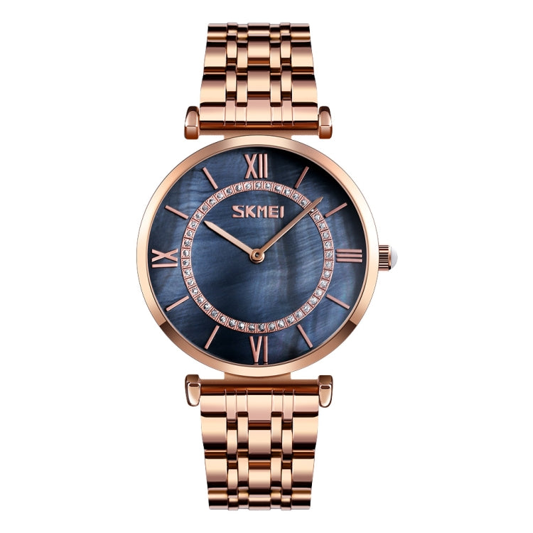 SKMEI 9198 Simple Roman Numeral Dial Metal Belt Quartz Watch for Couples(Rose Gold Black Men) - free shipping - PMC TechLife - Order now!