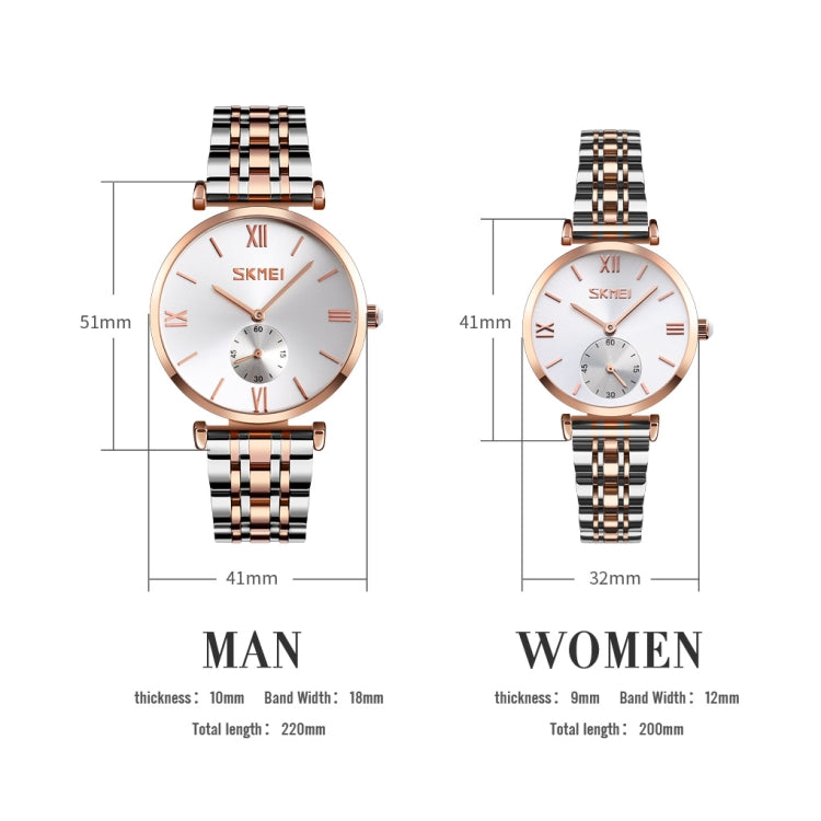 SKMEI 9198 Simple Roman Numeral Dial Metal Belt Quartz Watch for Couples(Rose Gold Silver Women) - free shipping - PMC TechLife - Order now!
