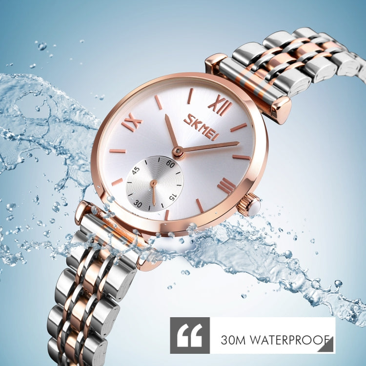 SKMEI 9198 Simple Roman Numeral Dial Metal Belt Quartz Watch for Couples(Rose Gold Black Men) - free shipping - PMC TechLife - Order now!