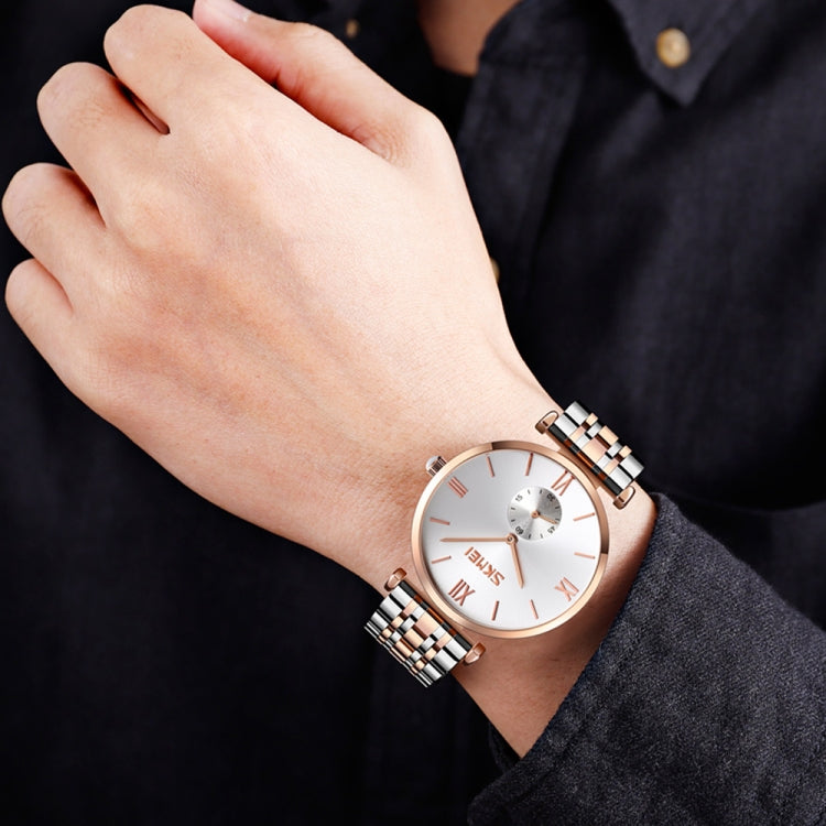 SKMEI 9198 Simple Roman Numeral Dial Metal Belt Quartz Watch for Couples(Rose Gold Black Men) - free shipping - PMC TechLife - Order now!