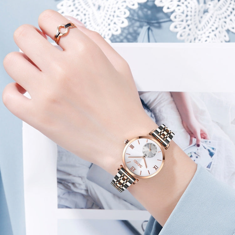 SKMEI 9198 Simple Roman Numeral Dial Metal Belt Quartz Watch for Couples(Rose Gold Silver Women) - free shipping - PMC TechLife - Order now!