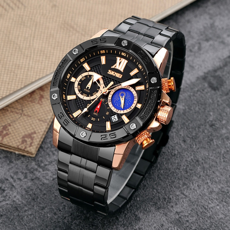 SKMEI 9235 Men Moonphase Stopwatch Stainless Steel Strap Quartz Watch(Gold Black) - free shipping - PMC TechLife - Order now!