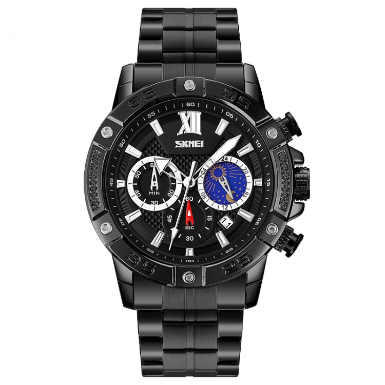 SKMEI 9235 Men Moonphase Stopwatch Stainless Steel Strap Quartz Watch(Black) - free shipping - PMC TechLife - Order now!