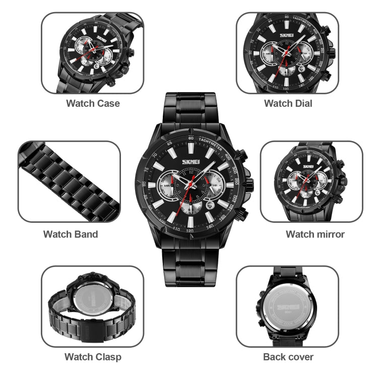 SKMEI 9241 Men Calendar Stopwatch Stainless Steel Strap Quartz Watch(Silver Black) - free shipping - PMC TechLife - Order now!
