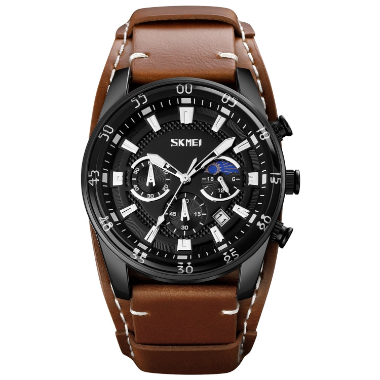 SKMEI 9249 Men Moonphase Calendar Stopwatch Leather Strap Quartz Watch(Brown Black) - free shipping - PMC TechLife - Order now!