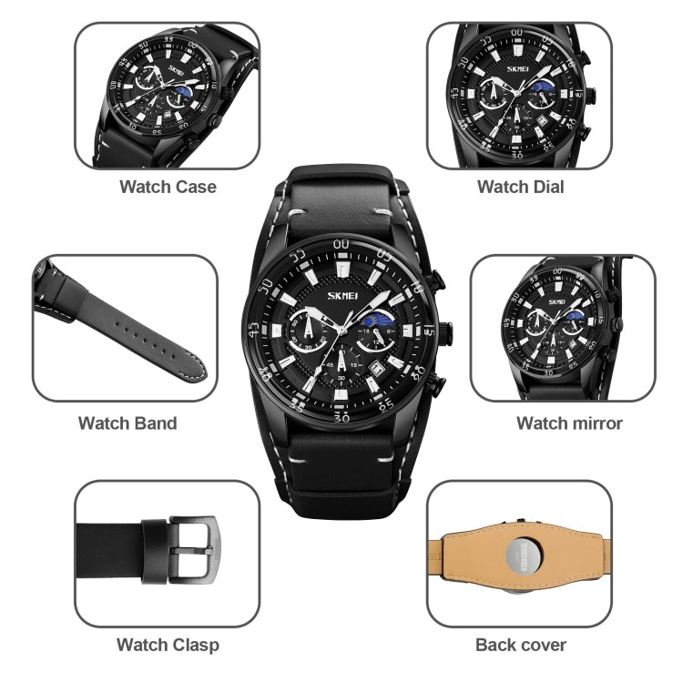 SKMEI 9249 Men Moonphase Calendar Stopwatch Leather Strap Quartz Watch(Black Blue) - free shipping - PMC TechLife - Order now!