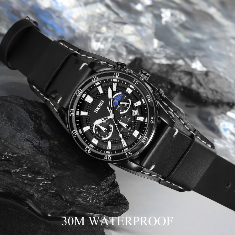 SKMEI 9249 Men Moonphase Calendar Stopwatch Leather Strap Quartz Watch(Black) - free shipping - PMC TechLife - Order now!