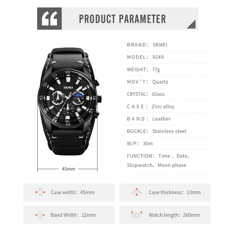 SKMEI 9249 Men Moonphase Calendar Stopwatch Leather Strap Quartz Watch(Black Blue) - free shipping - PMC TechLife - Order now!