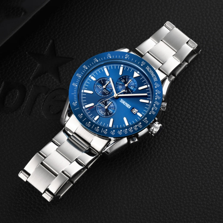 SKMEI 9253 Men Stopwatch Date Six Pin Stainless Steel Strap Quartz Watch(Silver Blue) - free shipping - PMC TechLife - Order now!