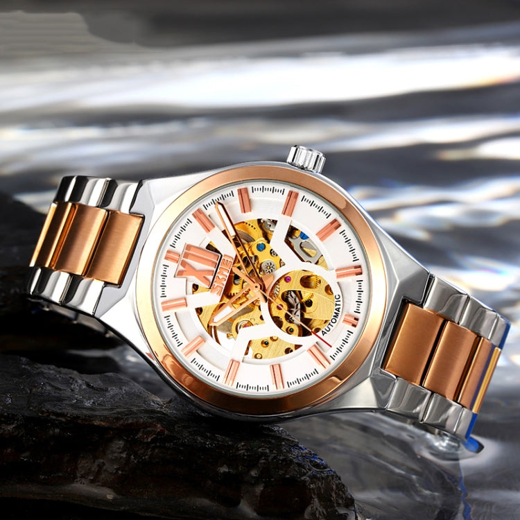 SKMEI 9258 Men Two-color Stainless Steel Strap Automatic Mechanical Watch(Middle Rose Gold Shell Silver Surface) - free shipping - PMC TechLife - Order now!
