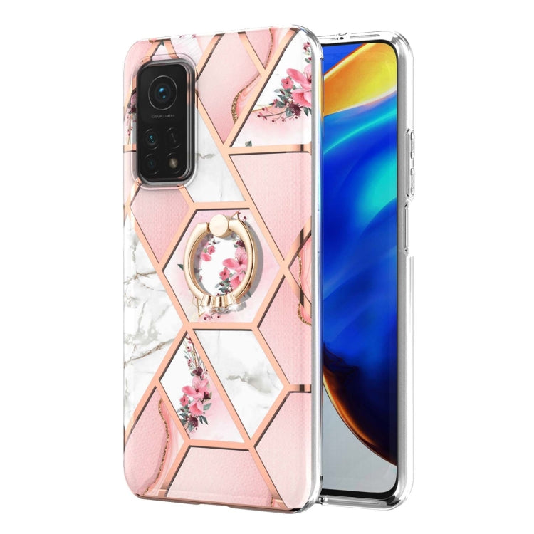 For Xiaomi Mi 10T / Mi 10T Pro Electroplating Splicing Marble Flower Pattern TPU Shockproof Case with Rhinestone Ring Holder(Pink Flower) - Xiaomi Cases by PMC TechLife | Online Shopping South Africa | PMC TechLife