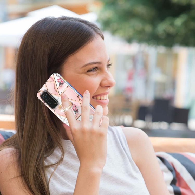 For Xiaomi Mi 10T / Mi 10T Pro Electroplating Splicing Marble Flower Pattern TPU Shockproof Case with Rhinestone Ring Holder(Pink Flower) - Xiaomi Cases by PMC TechLife | Online Shopping South Africa | PMC TechLife