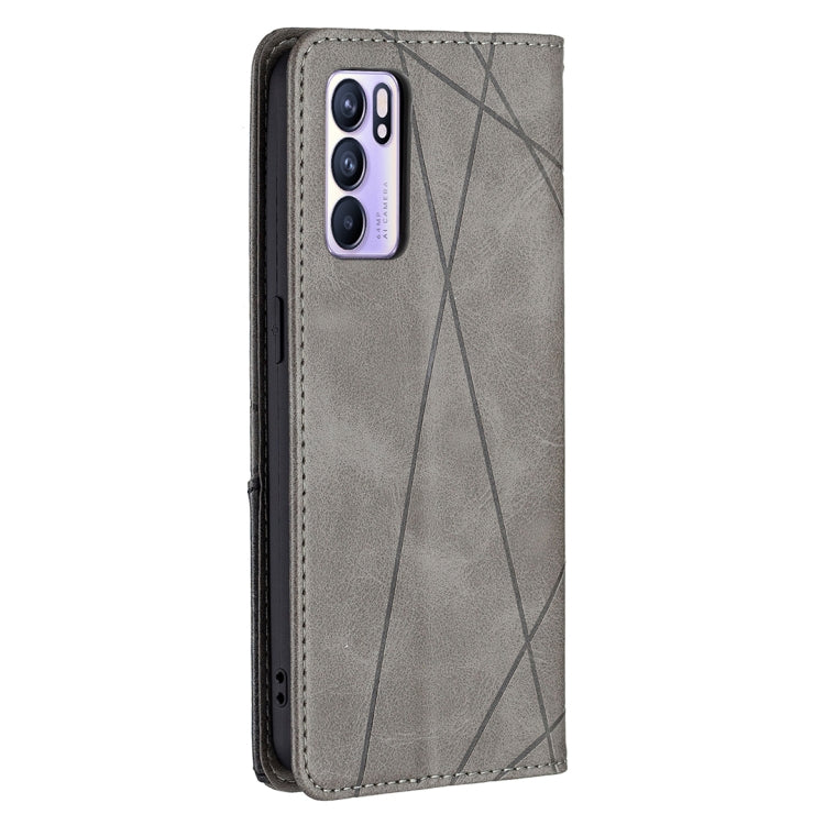 For OPPO Reno6 Rhombus Texture Horizontal Flip Magnetic Leather Case with Holder & Card Slots(Grey) - OPPO Cases by PMC TechLife | Online Shopping South Africa | PMC TechLife | Buy Now Pay Later Mobicred