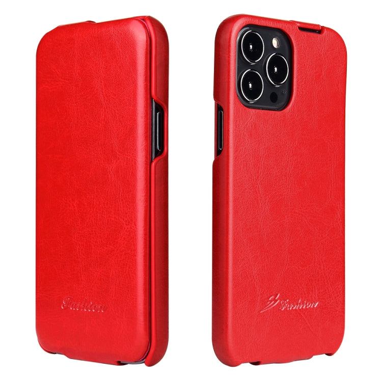 For iPhone 13 Pro Fierre Shann Retro Oil Wax Texture Vertical Flip PU Leather Case (Red) - iPhone 13 Pro Cases by FIERRE SHANN | Online Shopping South Africa | PMC TechLife | Buy Now Pay Later Mobicred