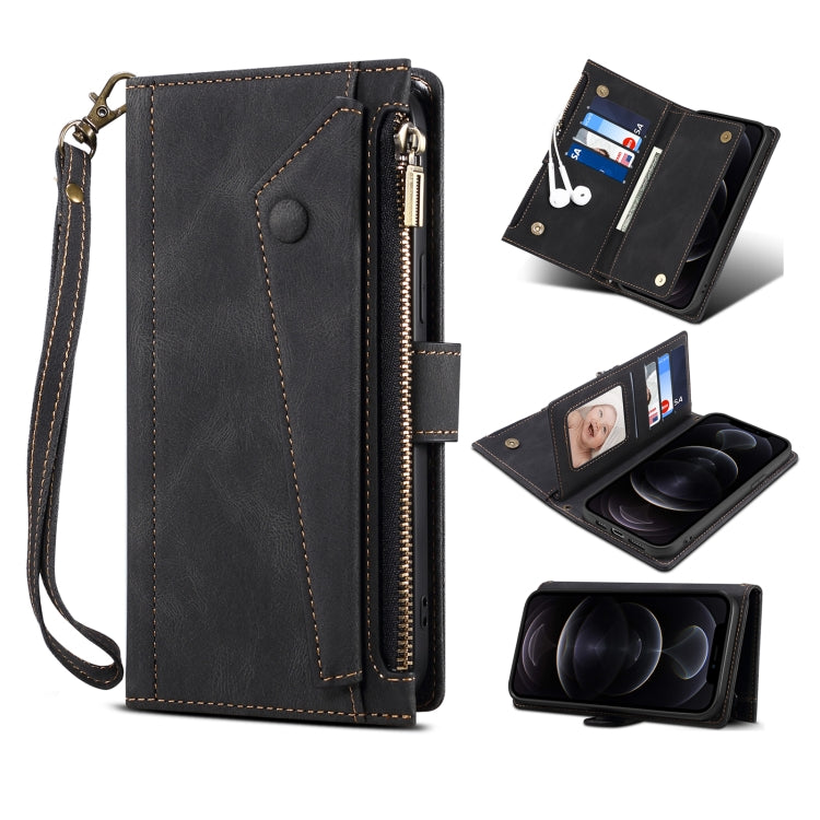 For OnePlus Nord N200 5G Retro Frosted Horizontal Flip Leather Case with Holder & Card Slot & Wallet & Zipper Pocket & Lanyard(Black) - OnePlus Cases by PMC TechLife | Online Shopping South Africa | PMC TechLife | Buy Now Pay Later Mobicred
