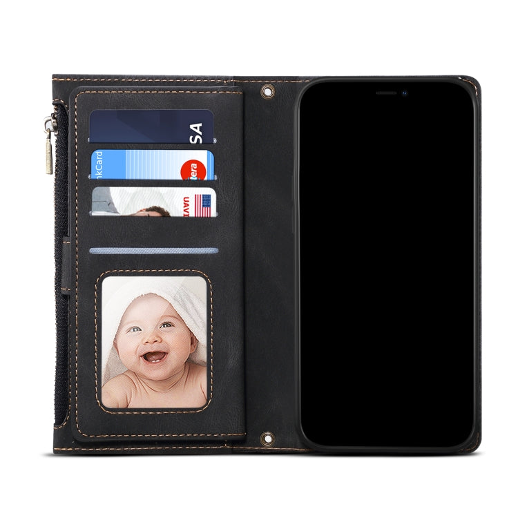 For OnePlus Nord N200 5G Retro Frosted Horizontal Flip Leather Case with Holder & Card Slot & Wallet & Zipper Pocket & Lanyard(Black) - OnePlus Cases by PMC TechLife | Online Shopping South Africa | PMC TechLife | Buy Now Pay Later Mobicred