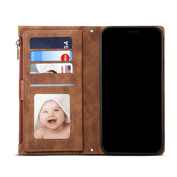 For OnePlus Nord N200 5G Retro Frosted Horizontal Flip Leather Case with Holder & Card Slot & Wallet & Zipper Pocket & Lanyard(Brown) - OnePlus Cases by PMC TechLife | Online Shopping South Africa | PMC TechLife | Buy Now Pay Later Mobicred
