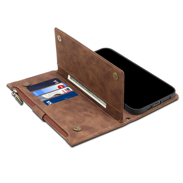 For OnePlus Nord N200 5G Retro Frosted Horizontal Flip Leather Case with Holder & Card Slot & Wallet & Zipper Pocket & Lanyard(Brown) - OnePlus Cases by PMC TechLife | Online Shopping South Africa | PMC TechLife | Buy Now Pay Later Mobicred
