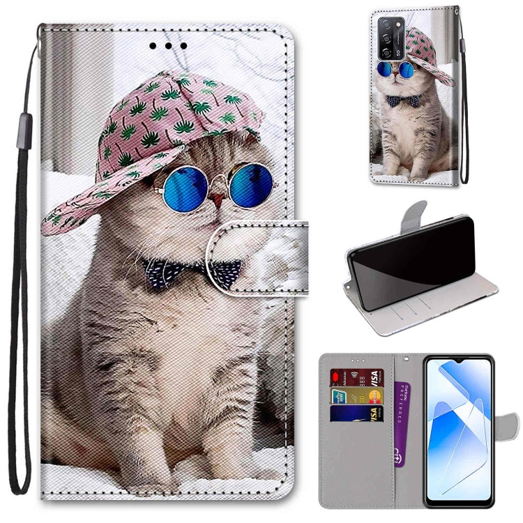 For OPPO A54 4G / A16 4G / A53s 5G / A55 5G Coloured Drawing Cross Texture Horizontal Flip PU Leather Case with Holder & Card Slots & Wallet & Lanyard(Slant Hat Blue Mirror Cat) - OPPO Cases by PMC TechLife | Online Shopping South Africa | PMC TechLife | Buy Now Pay Later Mobicred