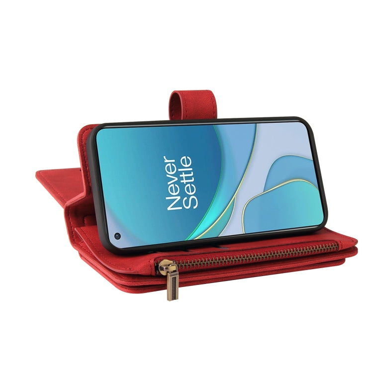For OnePlus 9 Skin Feel PU + TPU Horizontal Flip Leather Case With Holder & 15 Cards Slot & Wallet & Zipper Pocket & Lanyard(Red) - OnePlus Cases by PMC TechLife | Online Shopping South Africa | PMC TechLife | Buy Now Pay Later Mobicred