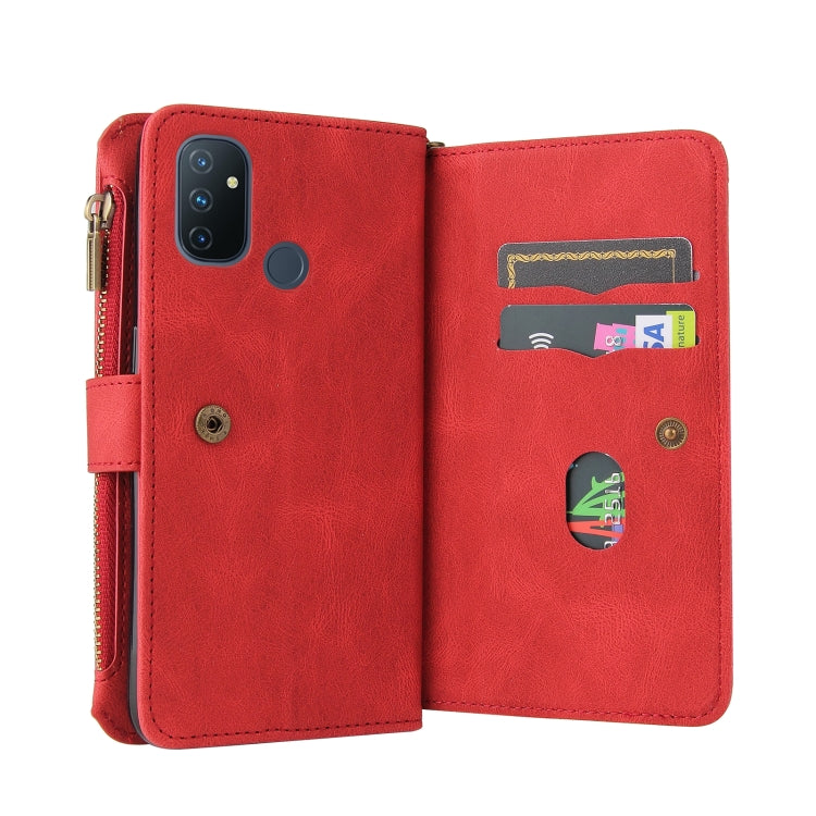 For OnePlus Nord N100 5G Skin Feel PU + TPU Horizontal Flip Leather Case With Holder & 15 Cards Slot & Wallet & Zipper Pocket & Lanyard(Red) - OnePlus Cases by PMC TechLife | Online Shopping South Africa | PMC TechLife | Buy Now Pay Later Mobicred