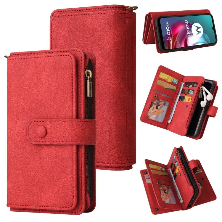 For Motorola Moto G10 Skin Feel PU + TPU Horizontal Flip Leather Case With Holder & 15 Cards Slot & Wallet & Zipper Pocket & Lanyard(Red) - Motorola Cases by PMC TechLife | Online Shopping South Africa | PMC TechLife | Buy Now Pay Later Mobicred