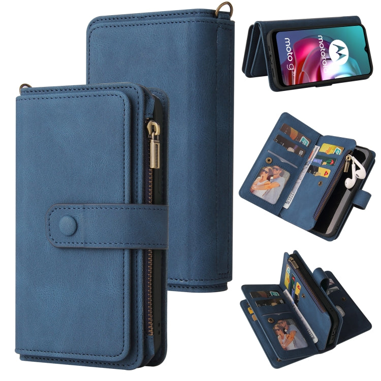 For Motorola Moto G30 Skin Feel PU + TPU Horizontal Flip Leather Case With Holder & 15 Cards Slot & Wallet & Zipper Pocket & Lanyard(Blue) - Motorola Cases by PMC TechLife | Online Shopping South Africa | PMC TechLife | Buy Now Pay Later Mobicred
