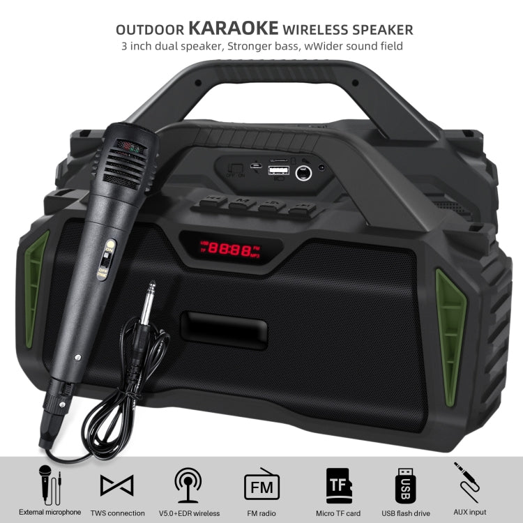 New Rixing NR-6011M Bluetooth 5.0 Portable Outdoor Karaoke Wireless Bluetooth Speaker with Microphone & Shoulder Strap(Green) - free shipping - PMC Jewellery - Order now!