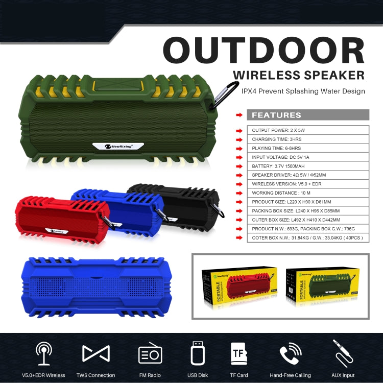 NewRixing NR-5015 Outdoor Portable Bluetooth Speakerr with Hook, Support Hands-free Call / TF Card / FM / U Disk(Red) - free shipping - PMC Jewellery - Order now!