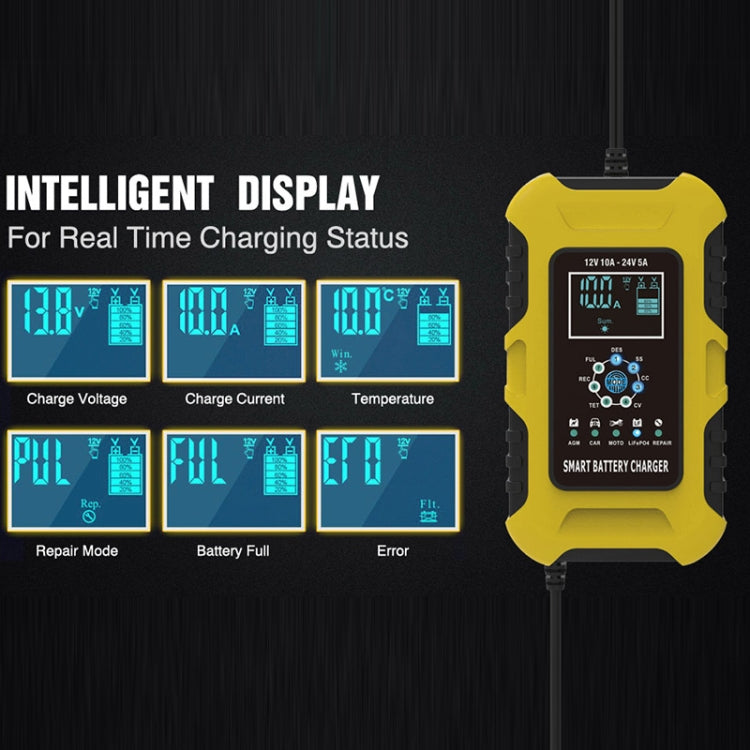 FOXSUR 10A 12V 7-segment Motorcycle / Car Smart Battery Charger, Plug Type:UK Plug(Yellow) - Battery Charger by FOXSUR | Online Shopping South Africa | PMC TechLife | Buy Now Pay Later Mobicred