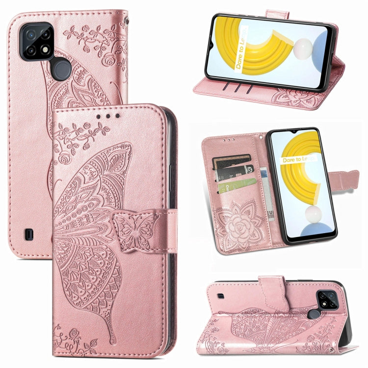 For OPPO Realme C21Y Butterfly Love Flowers Embossed Horizontal Flip Leather Case with Holder & Card Slots & Wallet & Lanyard(Rose Gold) - free shipping - PMC TechLife - Order now!