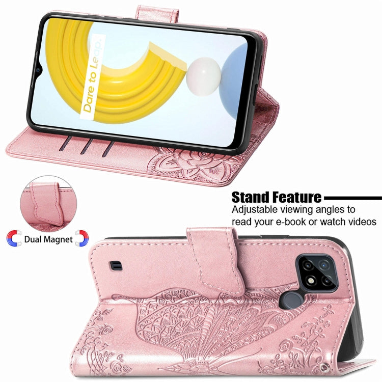 For OPPO Realme C21Y Butterfly Love Flowers Embossed Horizontal Flip Leather Case with Holder & Card Slots & Wallet & Lanyard(Rose Gold) - free shipping - PMC TechLife - Order now!