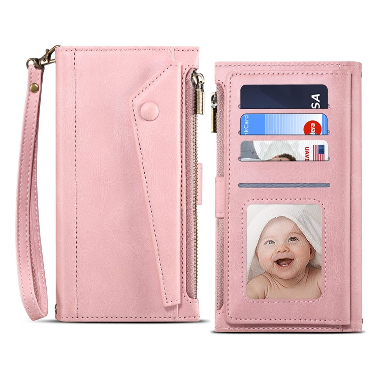 For Google Pixel 6 Pro Retro Frosted Leather Phone Case with Holder & Card Slot & Wallet & Zipper Pocket & Lanyard(Rose Gold) - Google Cases by PMC TechLife | Online Shopping South Africa | PMC TechLife | Buy Now Pay Later Mobicred