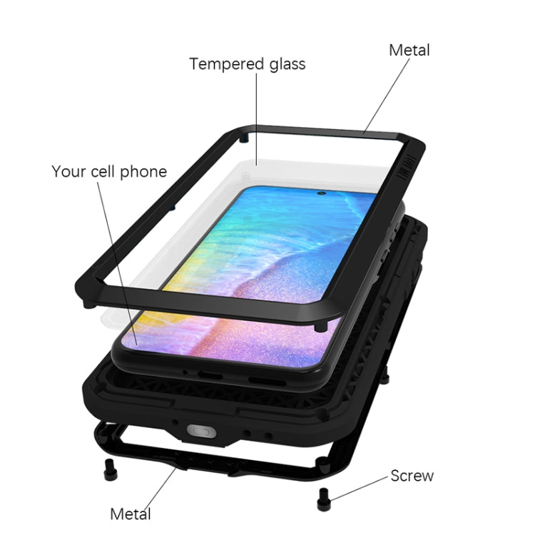 For Huawei P50 LOVE MEI Metal Shockproof Waterproof Dustproof Protective Phone Case with Glass(Black) - free shipping - PMC TechLife - Order now!