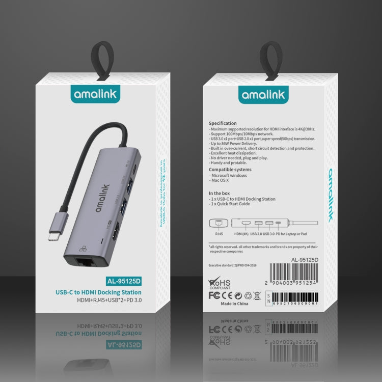 amalink 95125D Type-C / USB-C to HDMI + RJ45 + 2 Ports USB + PD 3.0 Multi-function HUB(Grey) - free shipping - PMC Jewellery - Order now!