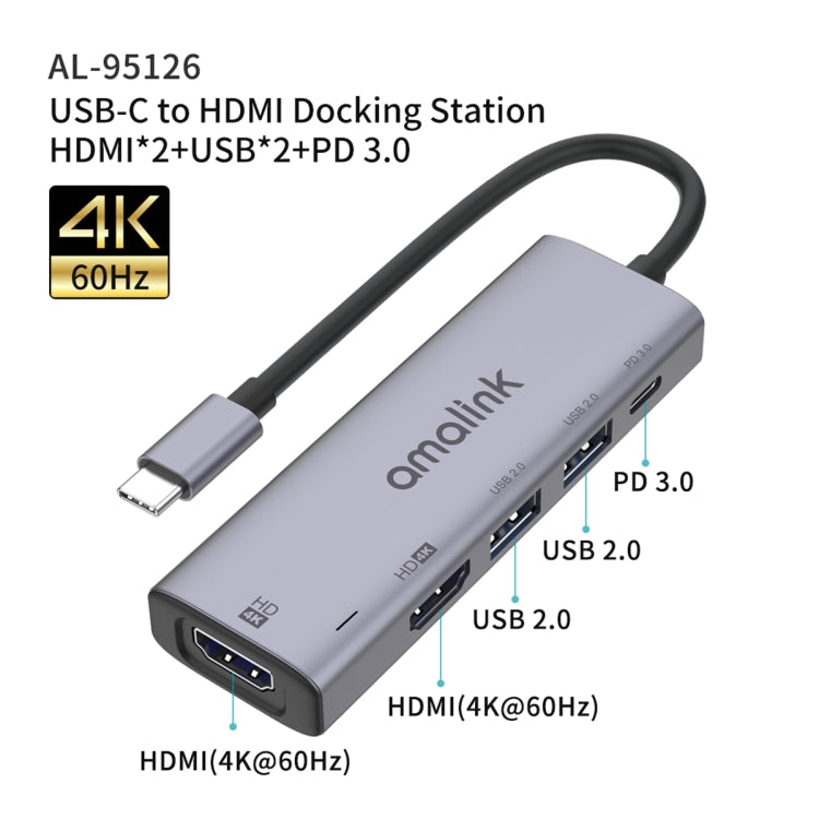 amalink 95126 Type-C / USB-C to Dual HDMI + 2 Ports USB + PD 3.0 Multi-function HUB(Grey) - free shipping - PMC Jewellery - Order now!