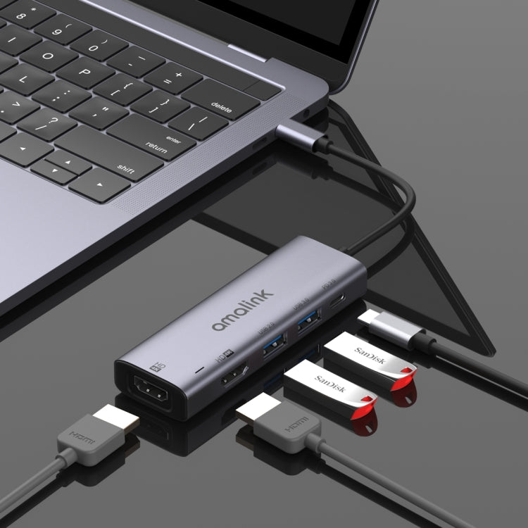 amalink 95126 Type-C / USB-C to Dual HDMI + 2 Ports USB + PD 3.0 Multi-function HUB(Grey) - free shipping - PMC Jewellery - Order now!