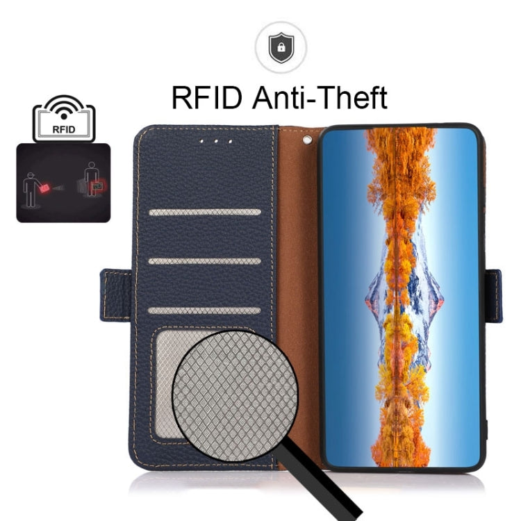 For Motorola Moto E7 Power KHAZNEH Side-Magnetic Litchi Genuine Leather RFID Case(Blue) - Motorola Cases by PMC TechLife | Online Shopping South Africa | PMC TechLife | Buy Now Pay Later Mobicred