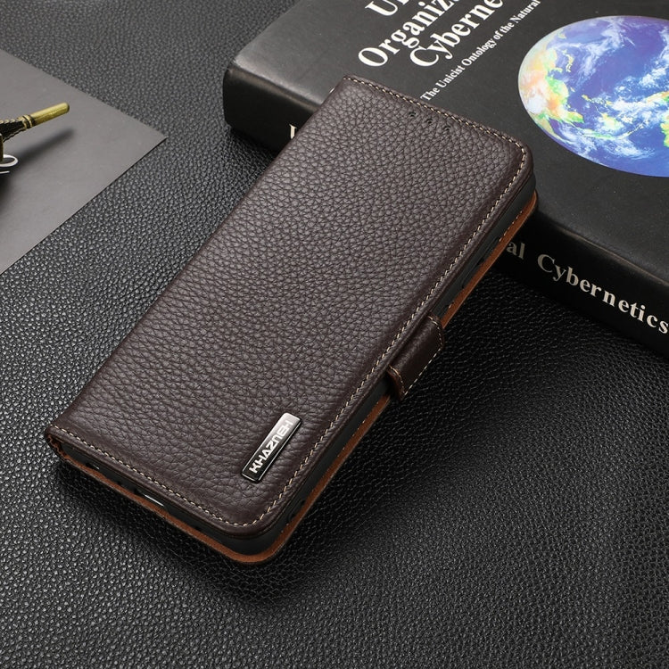 For Motorola Moto E20 / E40 KHAZNEH Side-Magnetic Litchi Genuine Leather RFID Case(Brown) - Motorola Cases by PMC TechLife | Online Shopping South Africa | PMC TechLife | Buy Now Pay Later Mobicred