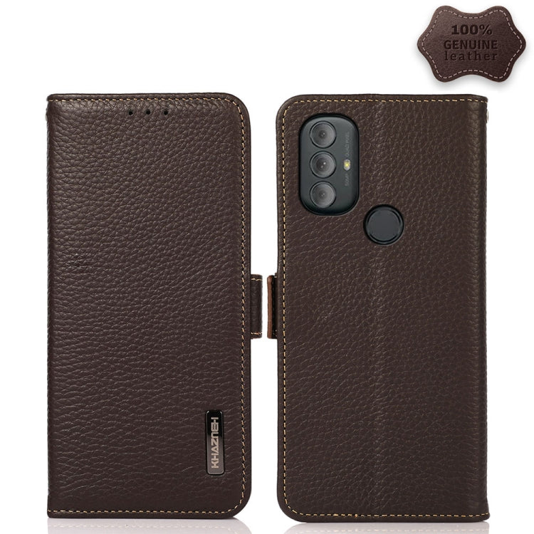 For Motorola Moto G Power 2022 KHAZNEH Side-Magnetic Litchi Genuine Leather RFID Case(Brown) - Motorola Cases by PMC TechLife | Online Shopping South Africa | PMC TechLife | Buy Now Pay Later Mobicred