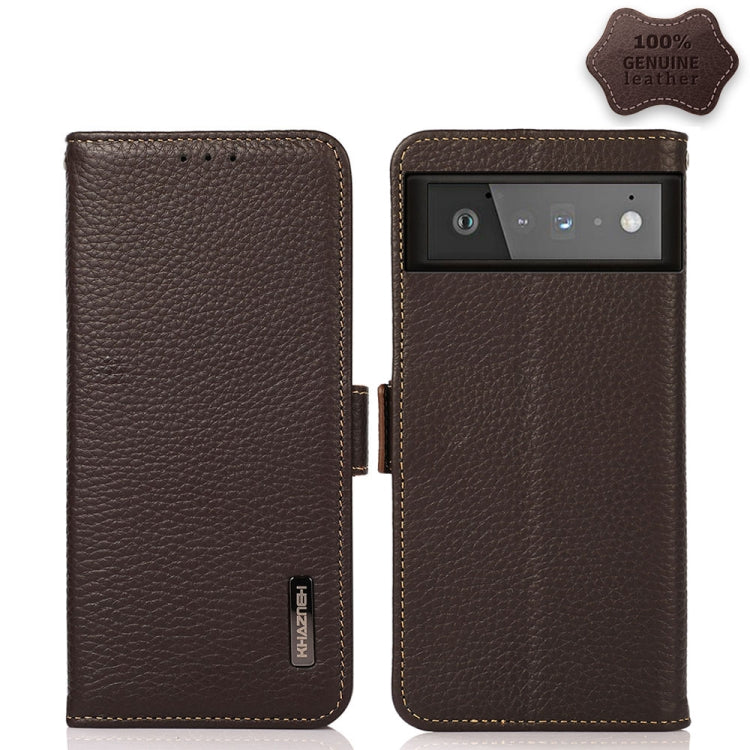 For Google Pixel 6 KHAZNEH Side-Magnetic Litchi Genuine Leather RFID Case(Brown) - Google Cases by PMC TechLife | Online Shopping South Africa | PMC TechLife | Buy Now Pay Later Mobicred